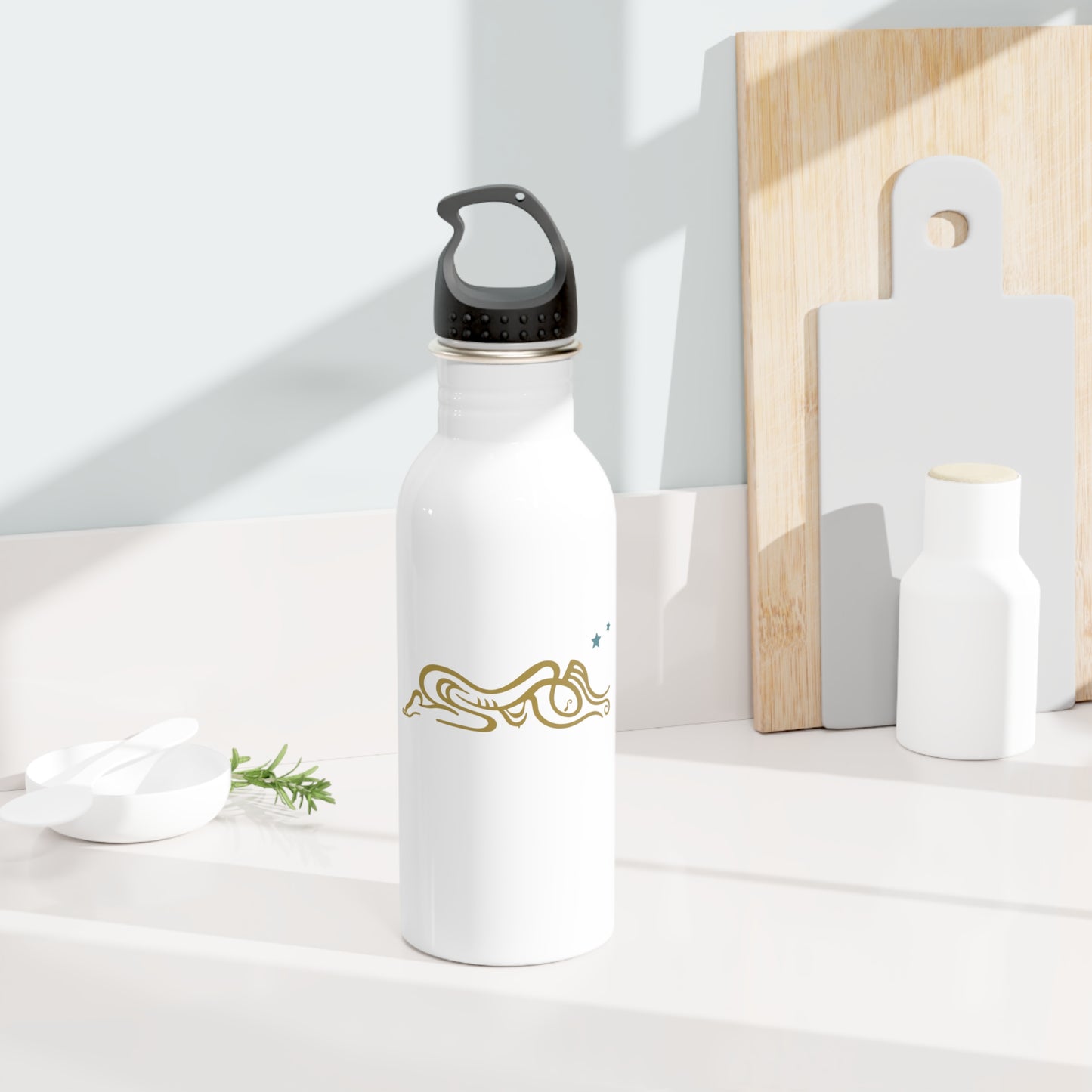 Stainless Steel Water Bottle : Zoga - White w/ Gold print