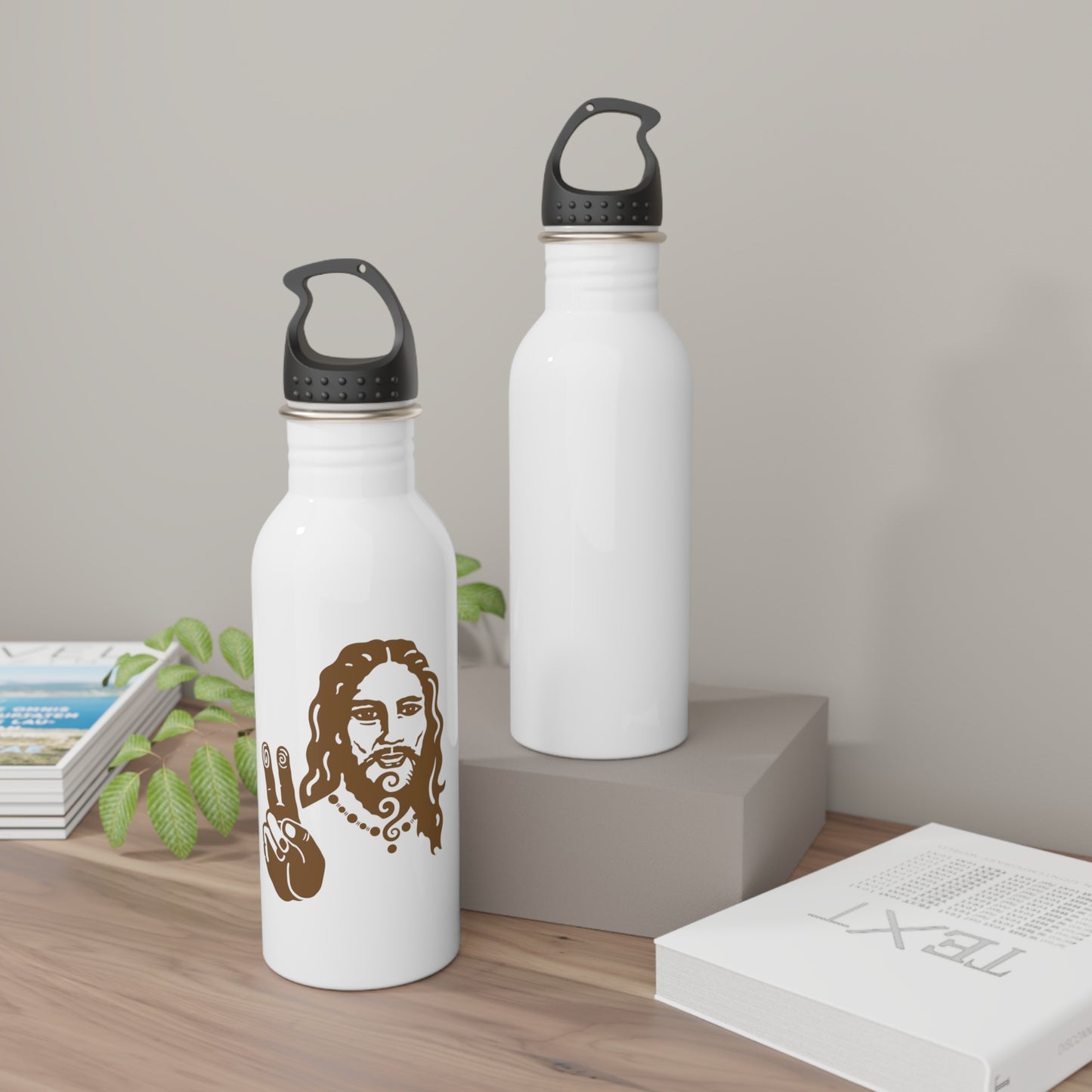 Stainless Steel Water Bottle : Peace Jesus - White w/ Bronze print