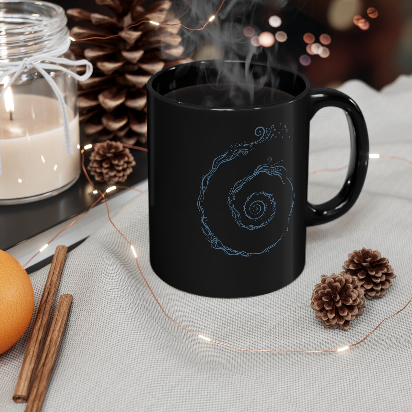 Black Mug 11oz : Aquaswirl - Black w/ Light Blue print