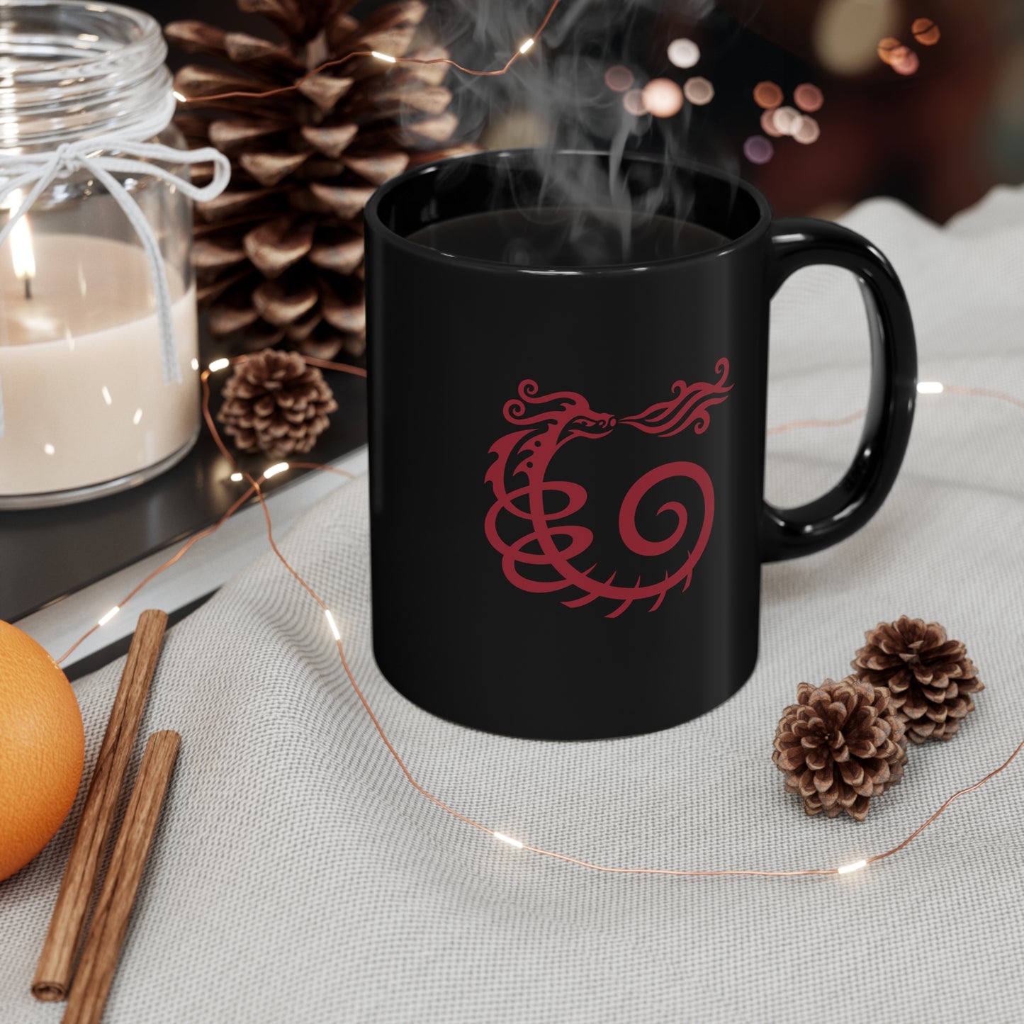 Black Mug 11oz : Swirl Dragon - Black w/ Red print