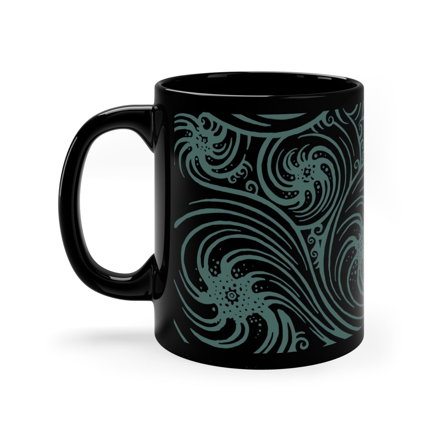 Black Mug 11oz : Cosmic Swirl - Black w/ Blue-Green print