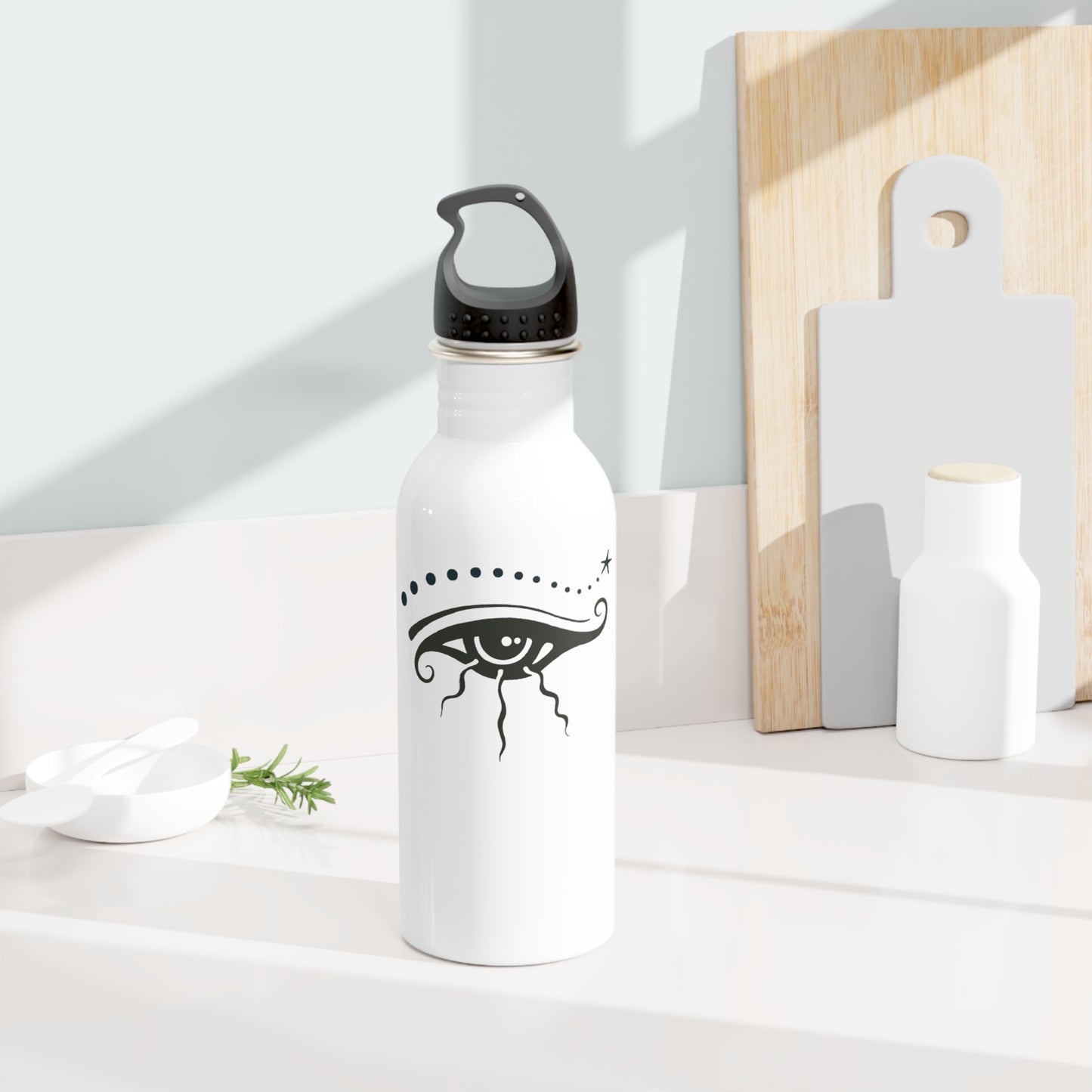 Stainless Steel Water Bottle : Eye See You - White w/ Blue-Gray & Green-Gray print
