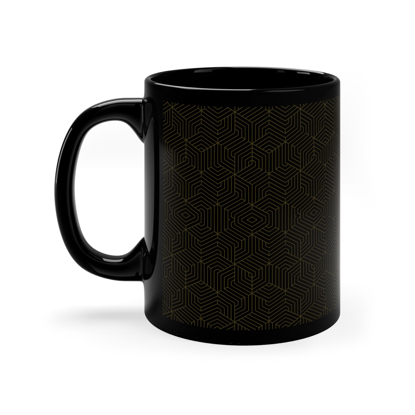 Black Mug 11oz : Hexacube - Black w/ Dark Gold print