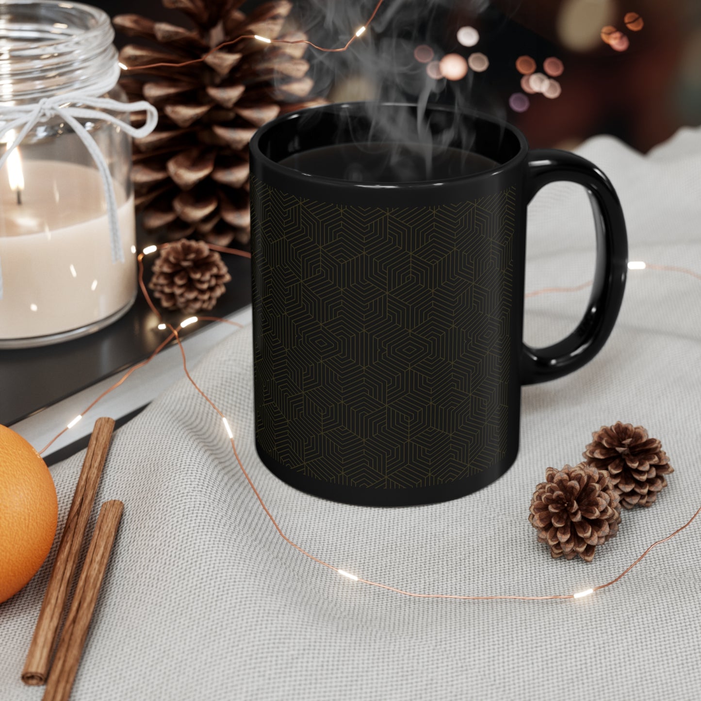 Black Mug 11oz : Hexacube - Black w/ Dark Gold print