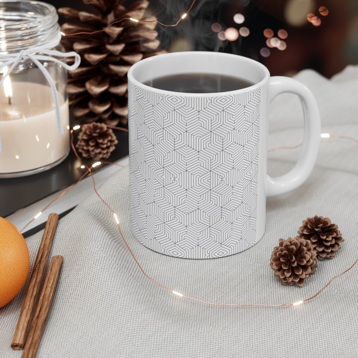 Ceramic Mug 11oz : Hexacube - White w/ Blue-Gray print