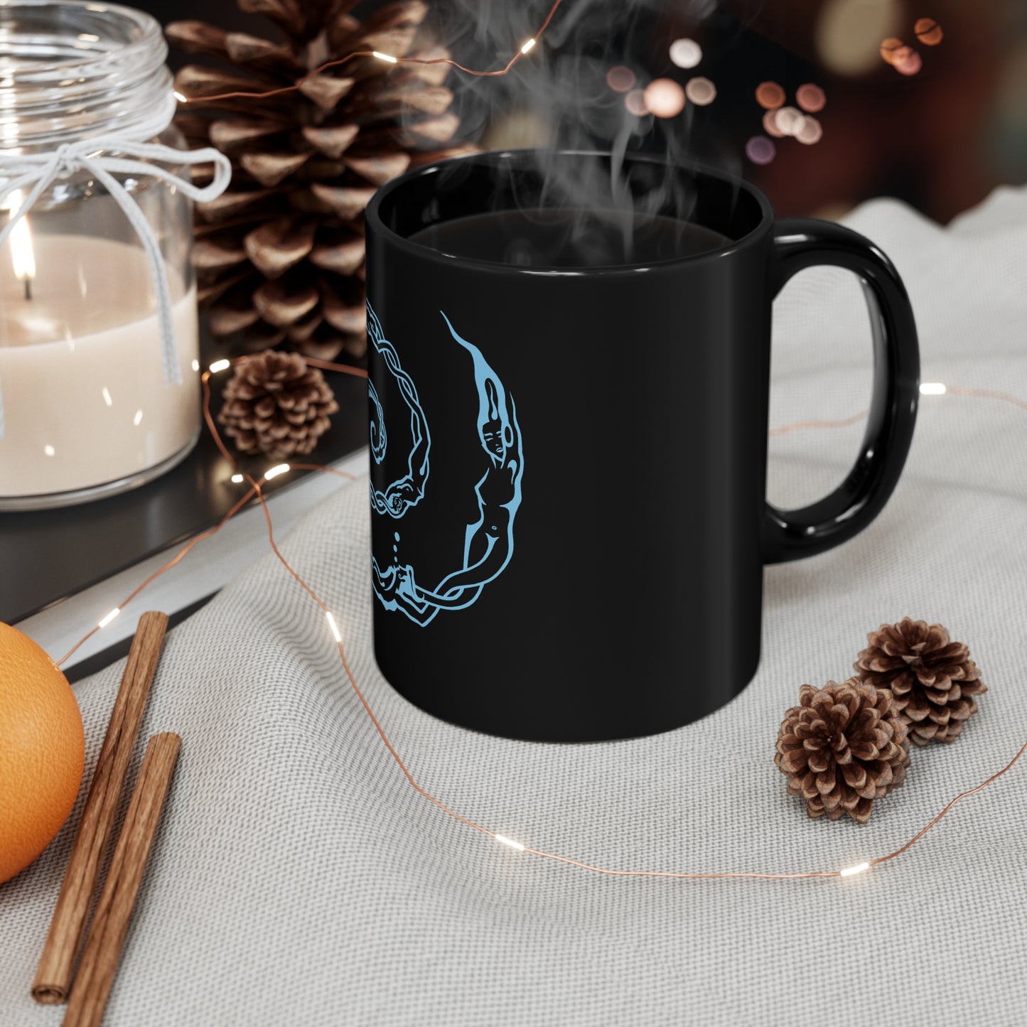 Black Mug 11oz : Swirlpeople - Black w/ Light Blue print