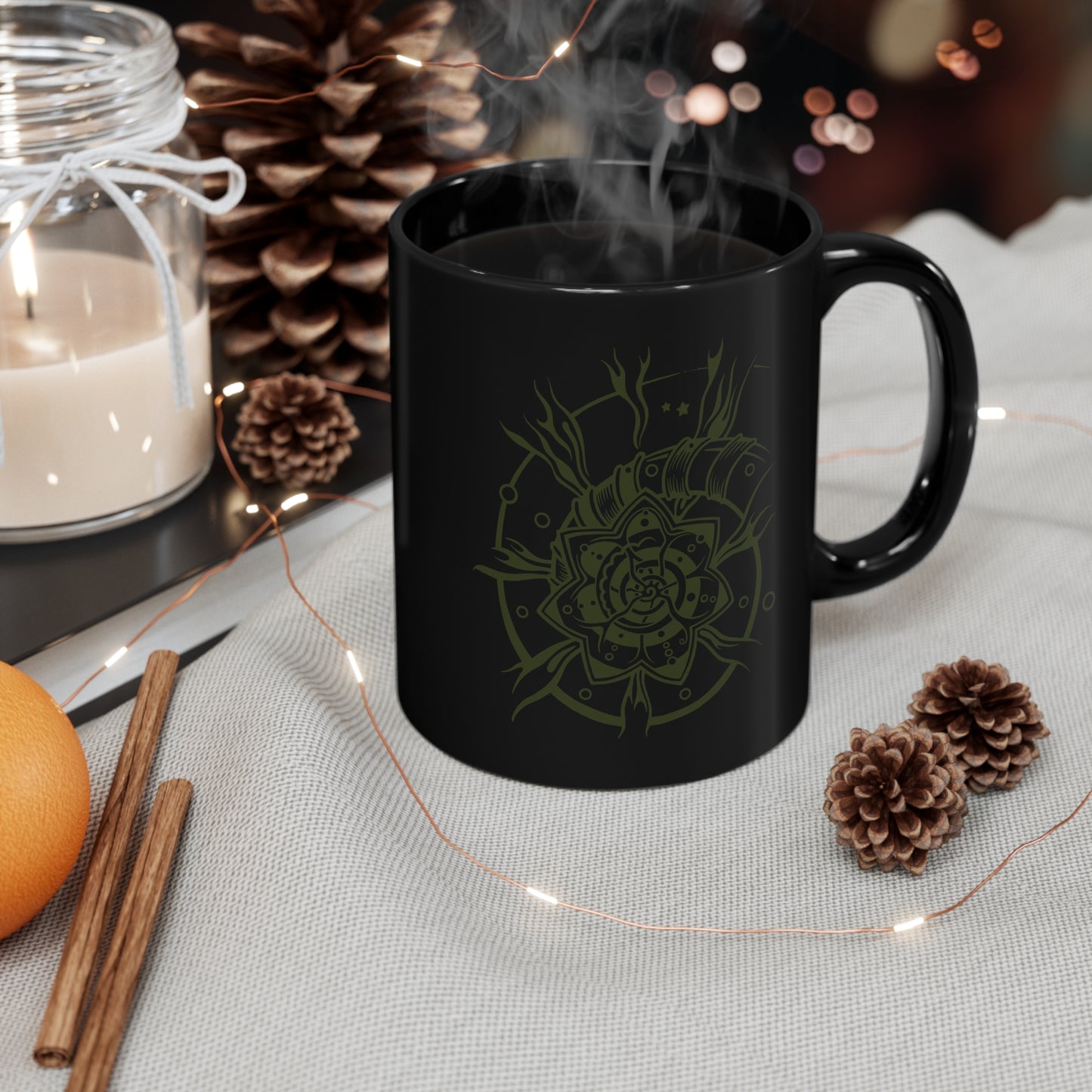 Black Mug 11oz : Starflower - Black w/ Green print