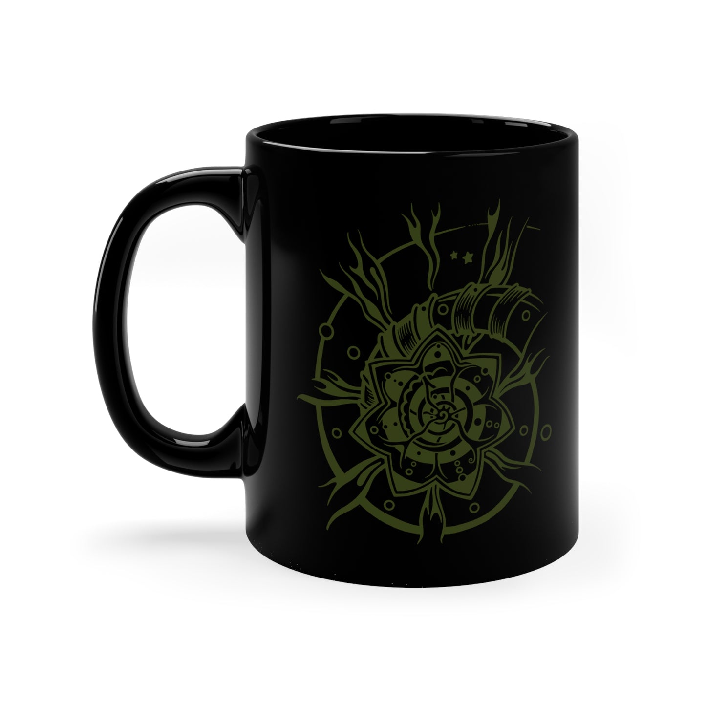 Black Mug 11oz : Starflower - Black w/ Green print
