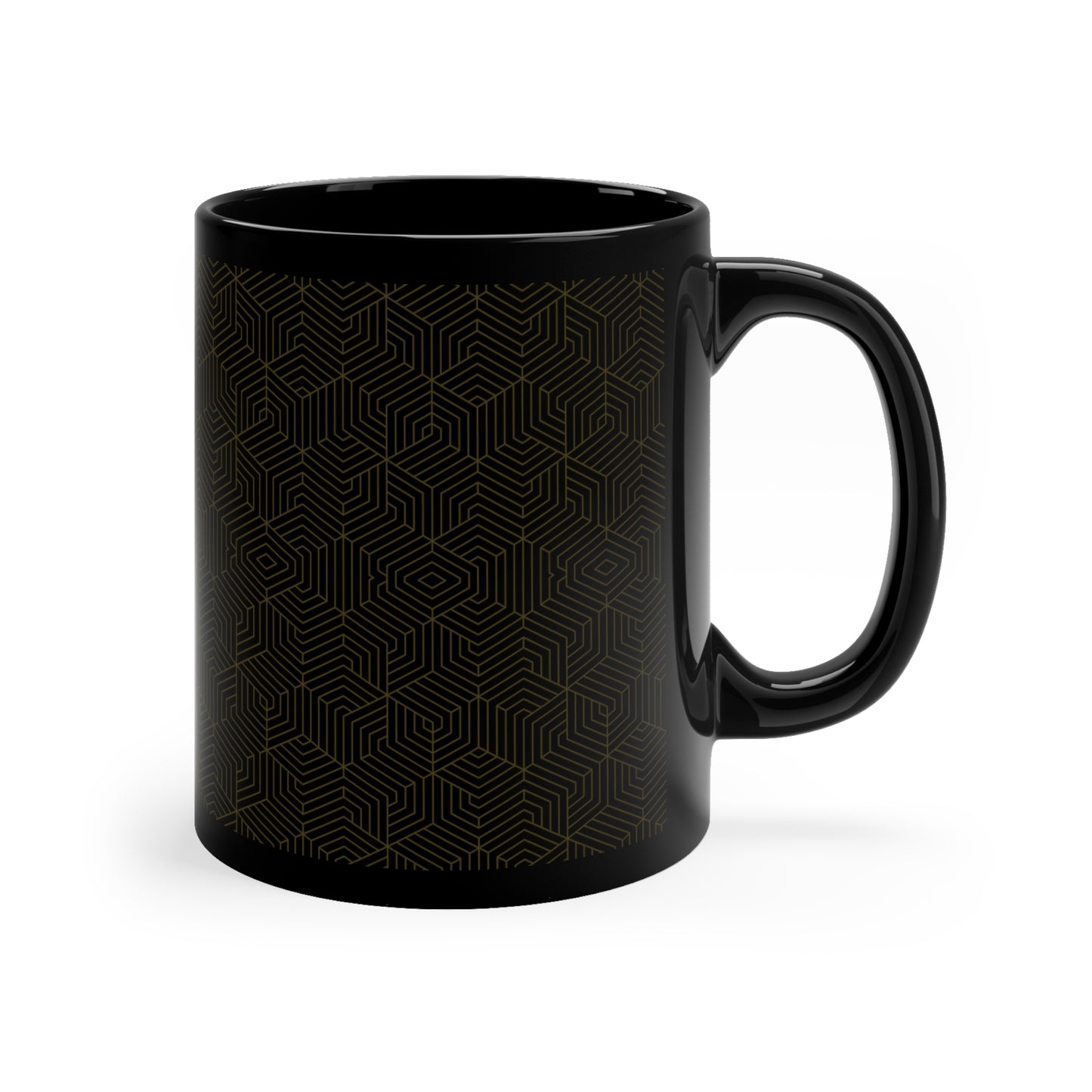 Black Mug 11oz : Hexacube - Black w/ Dark Gold print