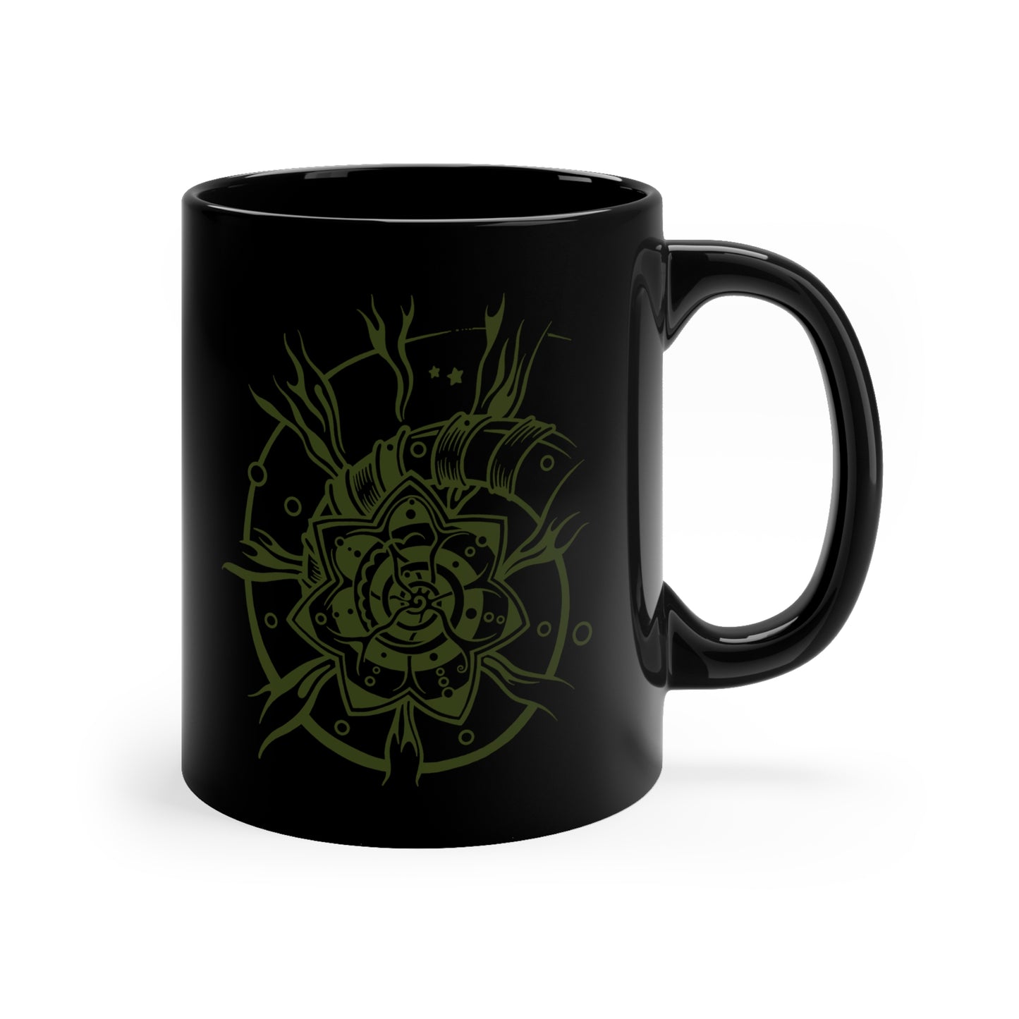 Black Mug 11oz : Starflower - Black w/ Green print