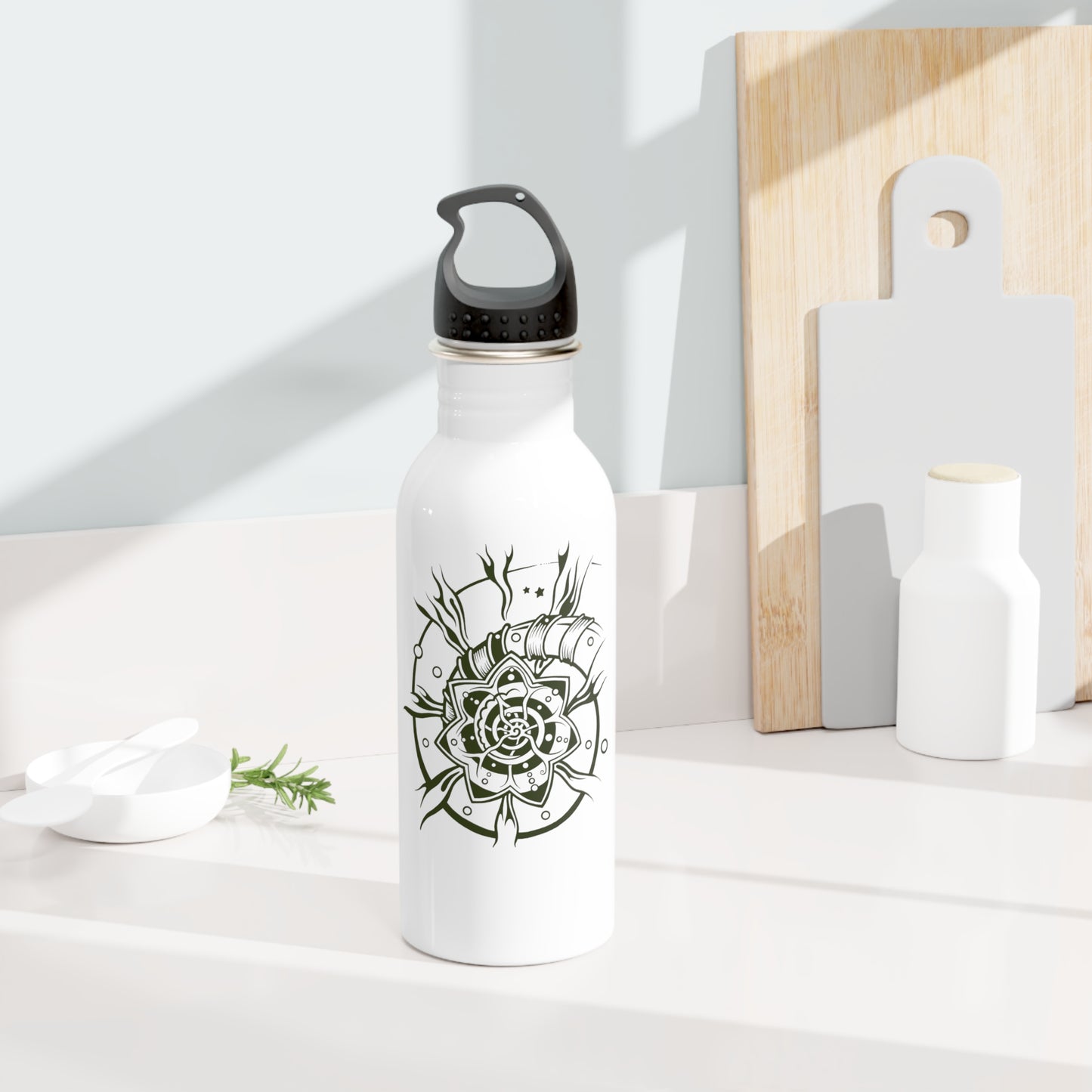 Stainless Steel Water Bottle : Starflower - White w/ Dark Green print
