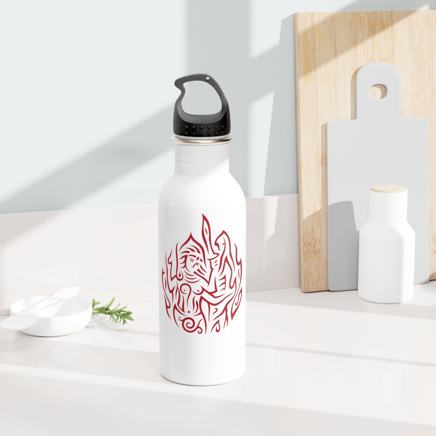 Stainless Steel Water Bottle : Drop o' Fire - White w/ Red print