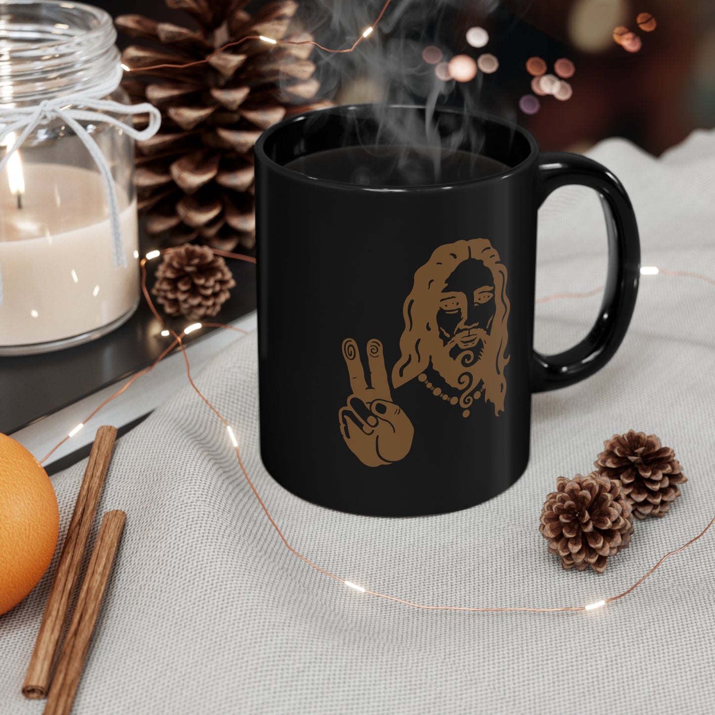 Black Mug 11oz : Peace Jesus - Black w/ Bronze print