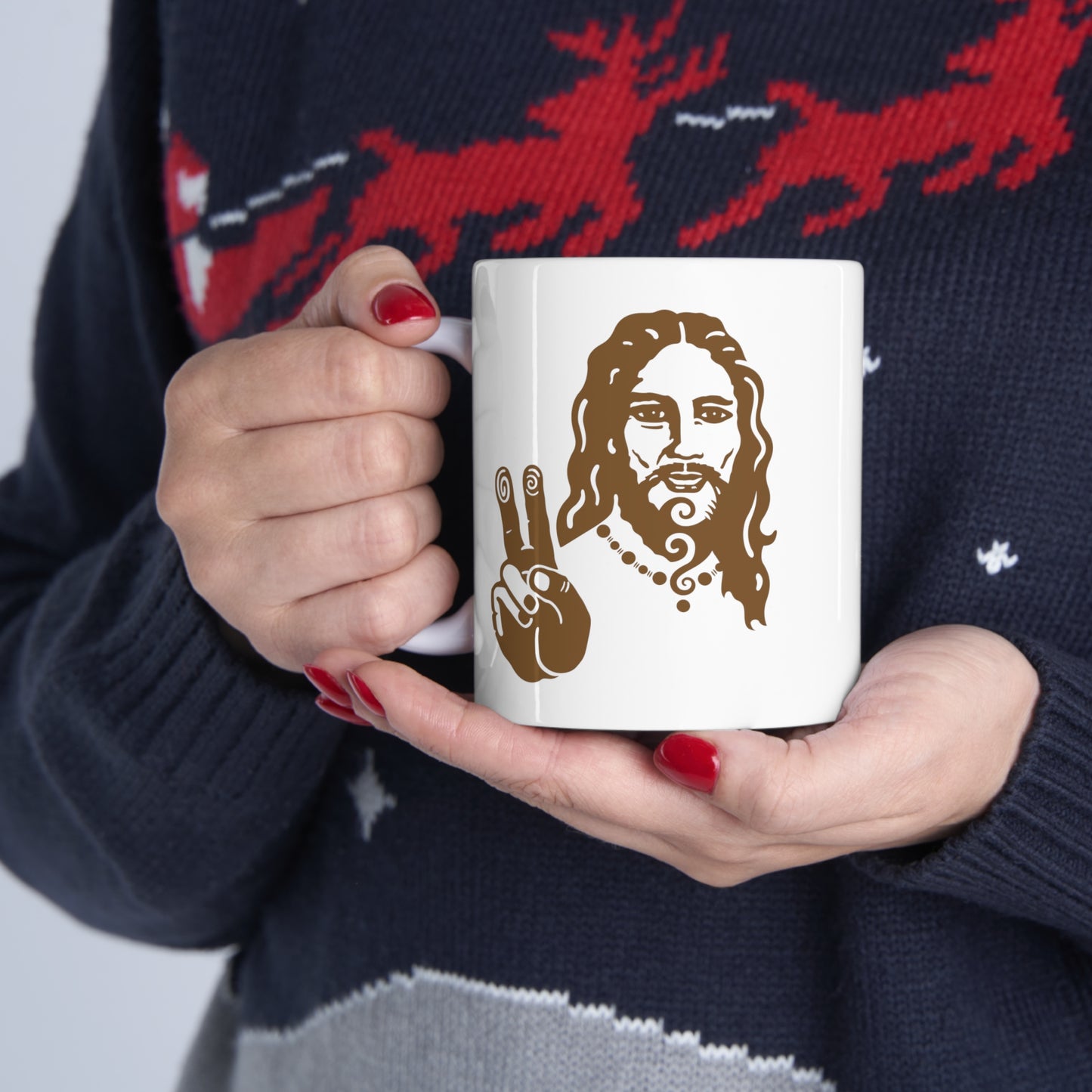 Ceramic Mug 11oz : Peace Jesus - White w/ Bronze print