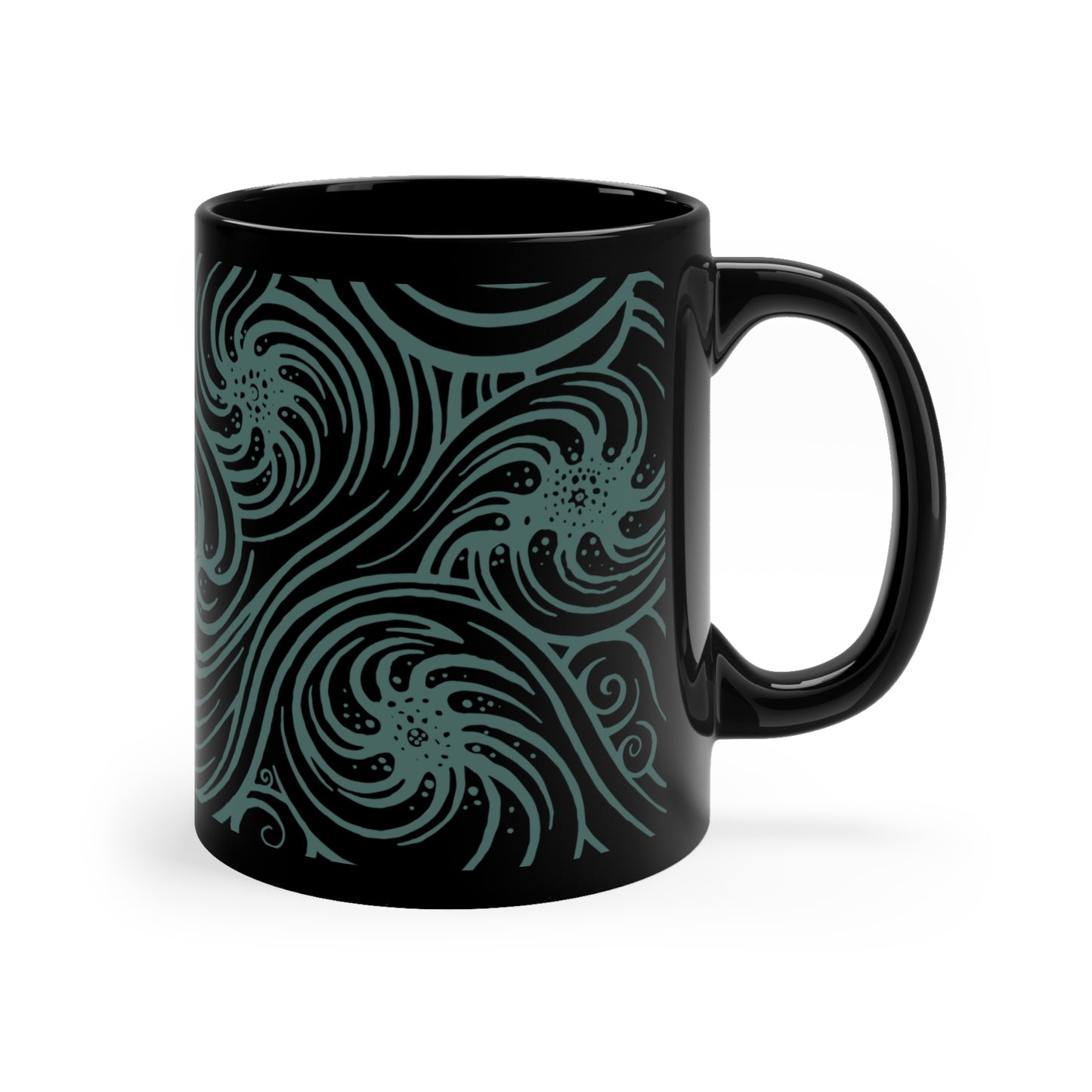 Black Mug 11oz : Cosmic Swirl - Black w/ Blue-Green print