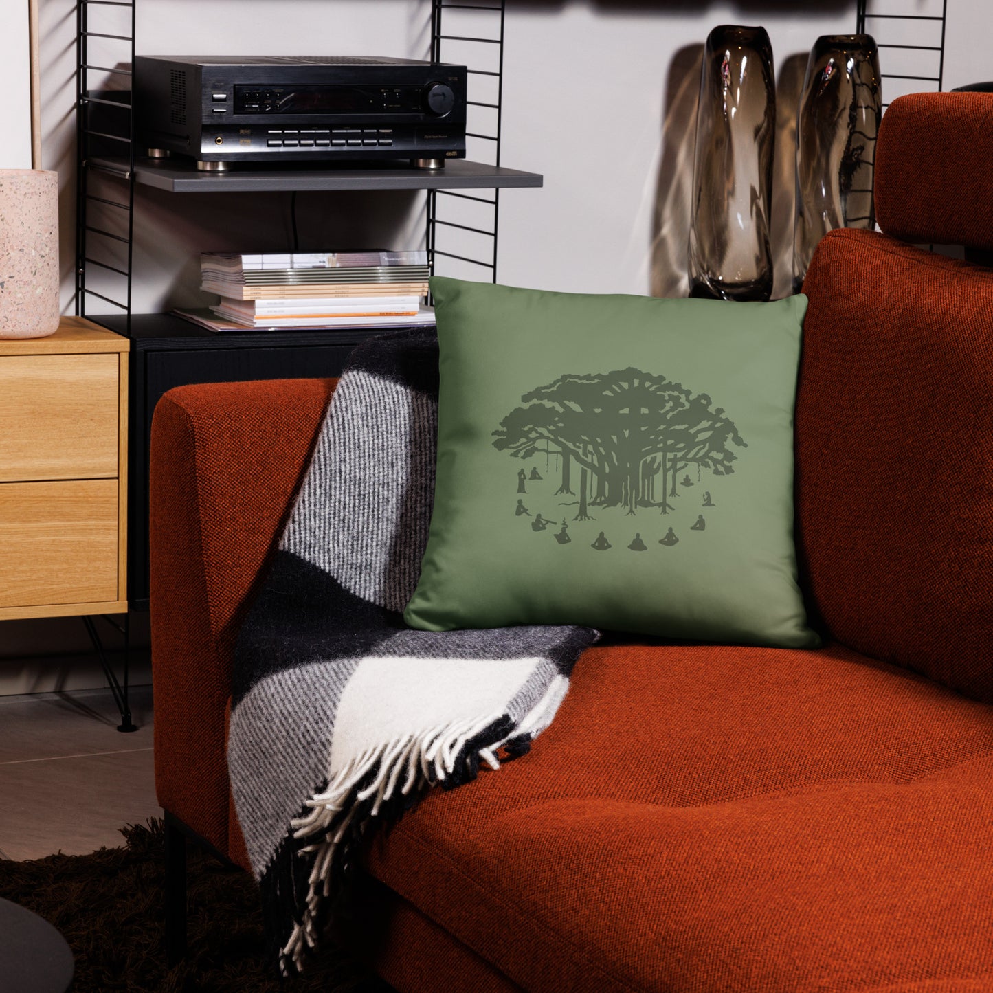 Basic Pillow : Communitree + Hexacubes - Sage w/ Olive & Teal print