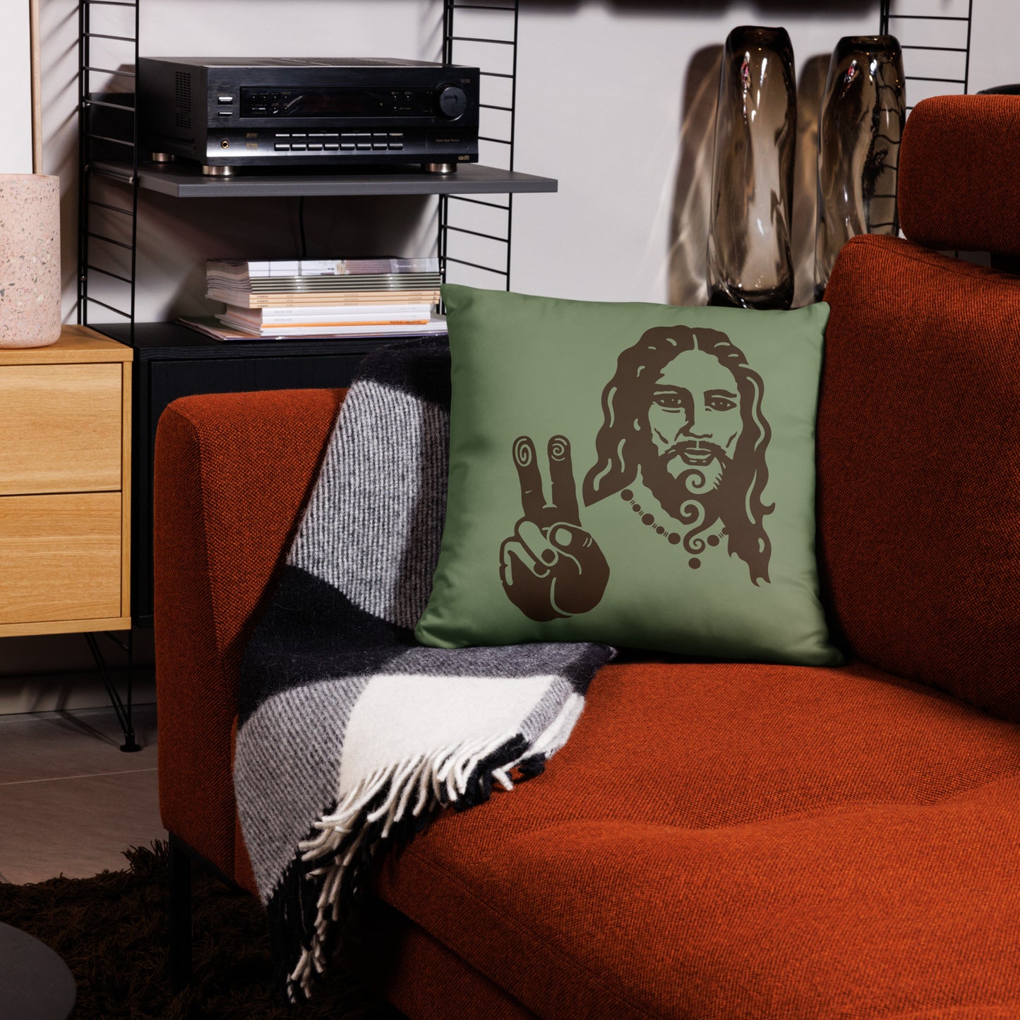 Basic Pillow : Peace Jesus - Sage w/ Brown print & Black pattern print