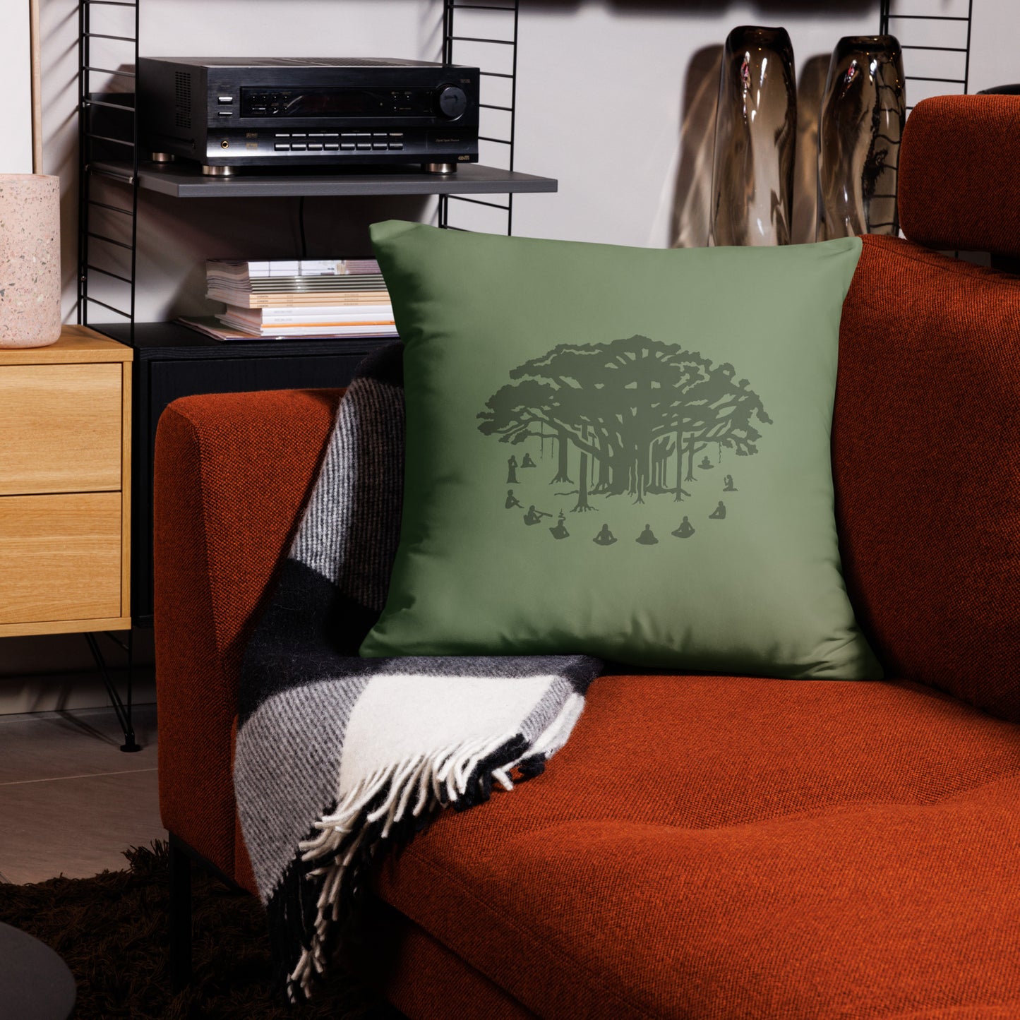 Basic Pillow : Communitree + Hexacubes - Sage w/ Olive & Teal print