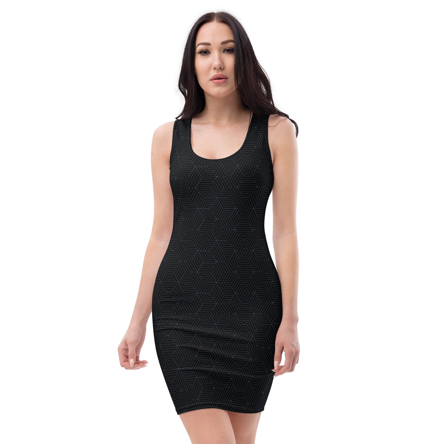 Bodycon Dress : Hexacube - Black w/ Teal print