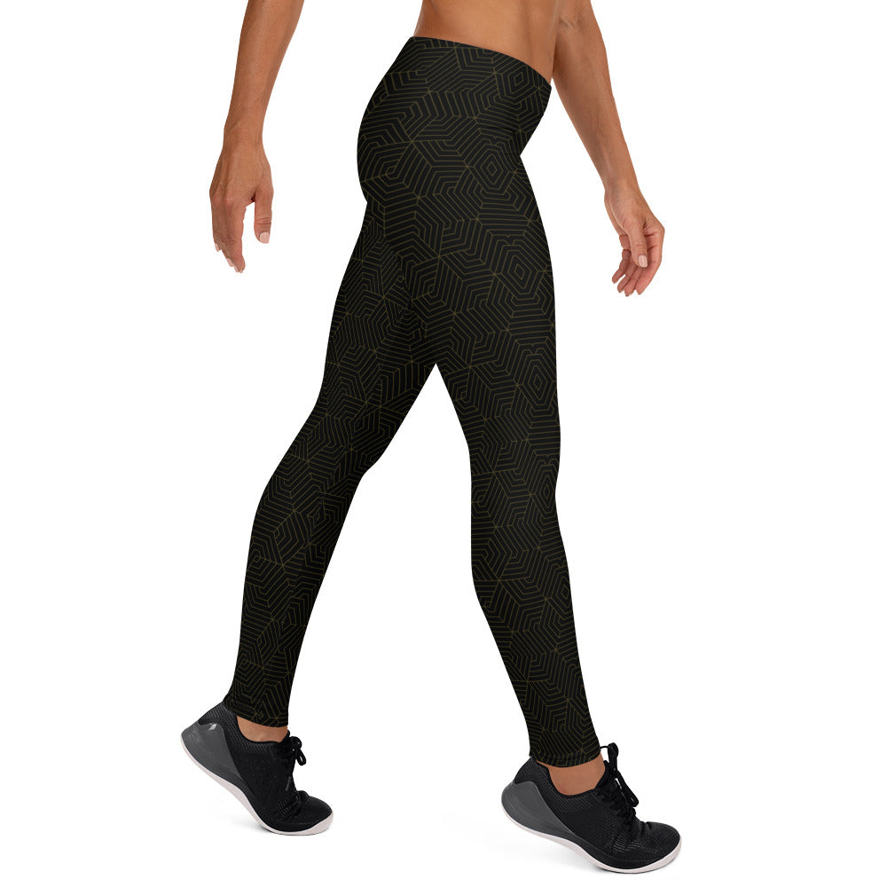 Leggings : Hexacube - Black w/ Dark Gold print