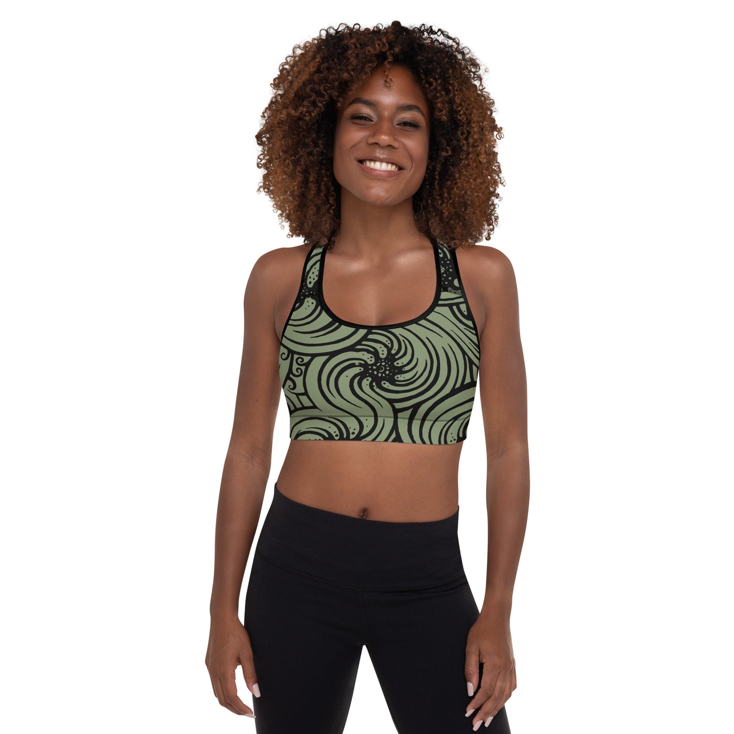 Padded Sports Bra : Cosmic Swirl - Sage w/ Black print