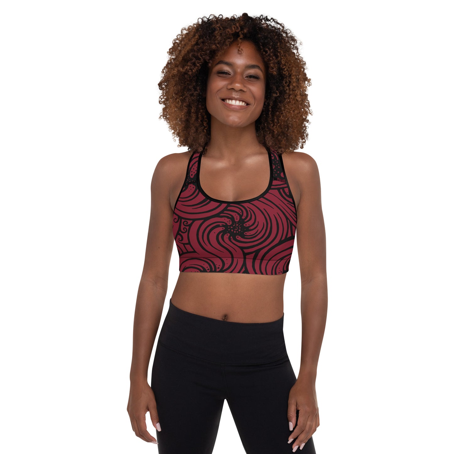 Padded Sports Bra : Cosmic Swirl - Red w/ Black print