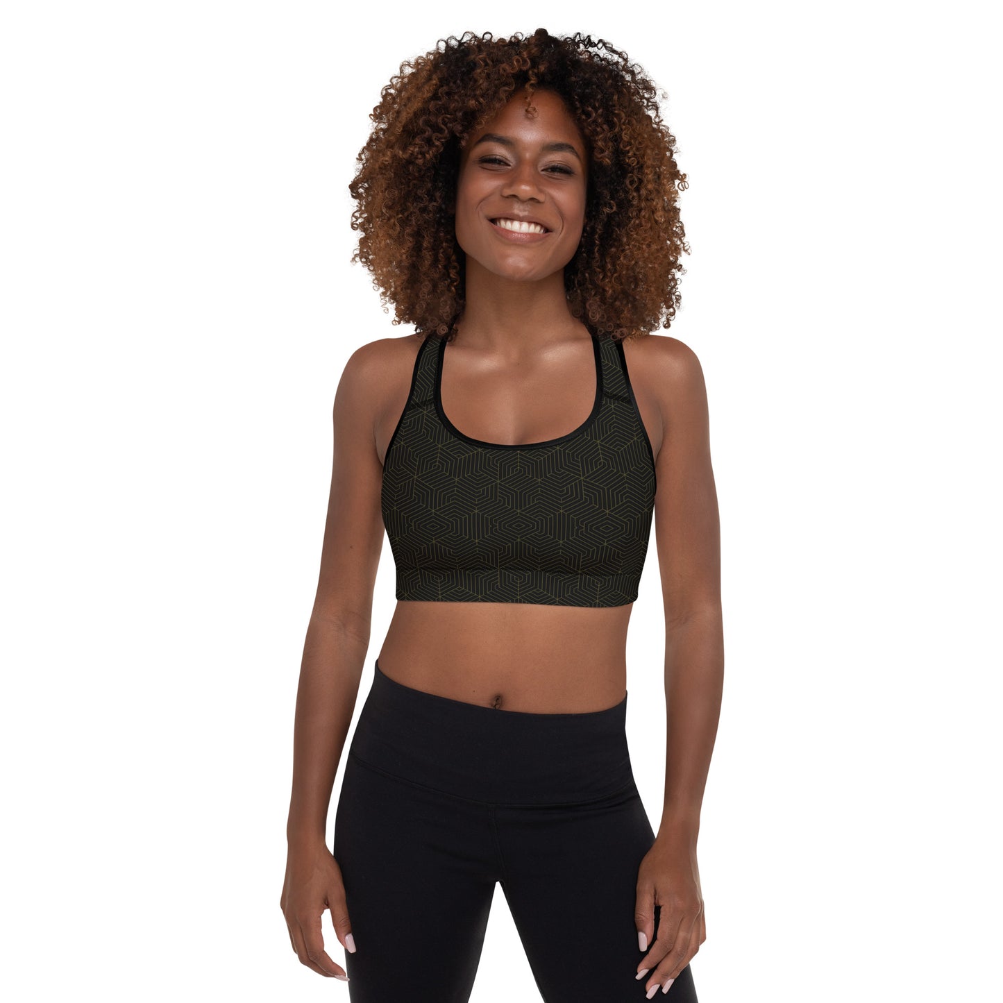 Padded Sports Bra : Hexacubes - Black w/ Dark Gold print