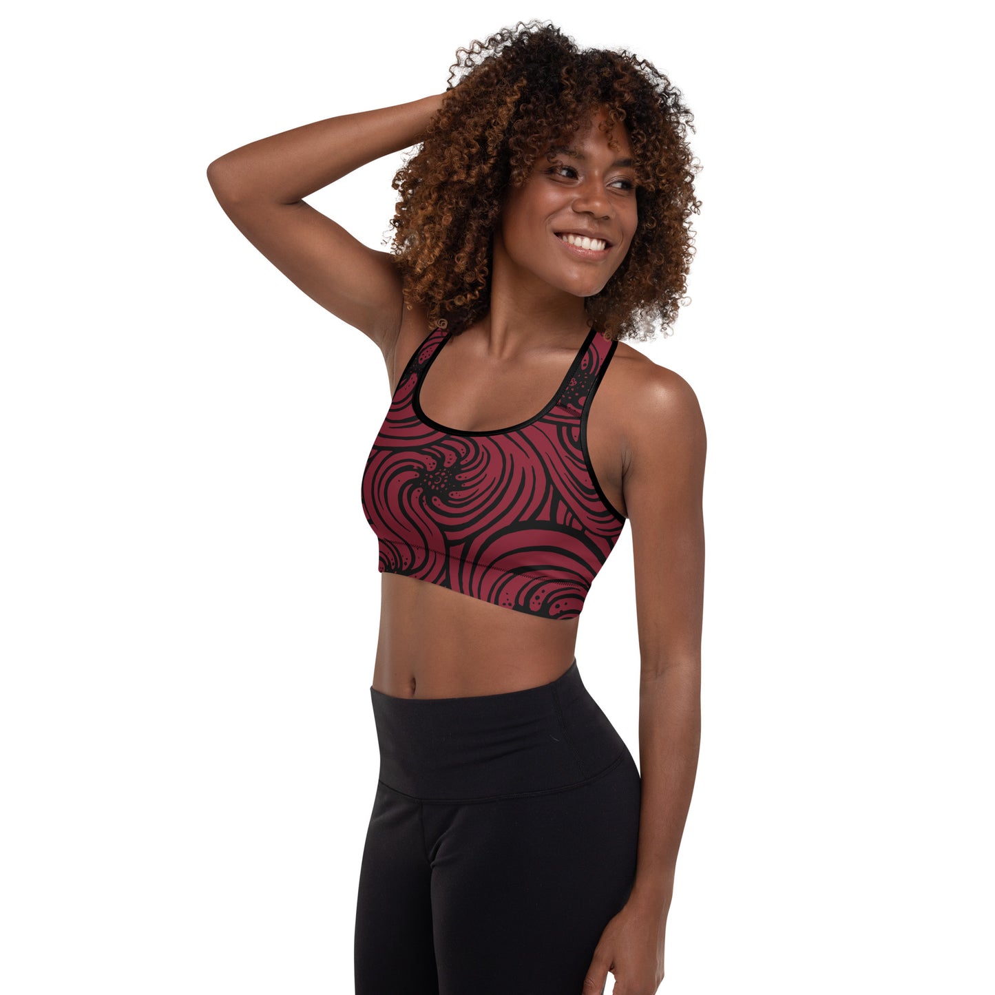 Padded Sports Bra : Cosmic Swirl - Red w/ Black print