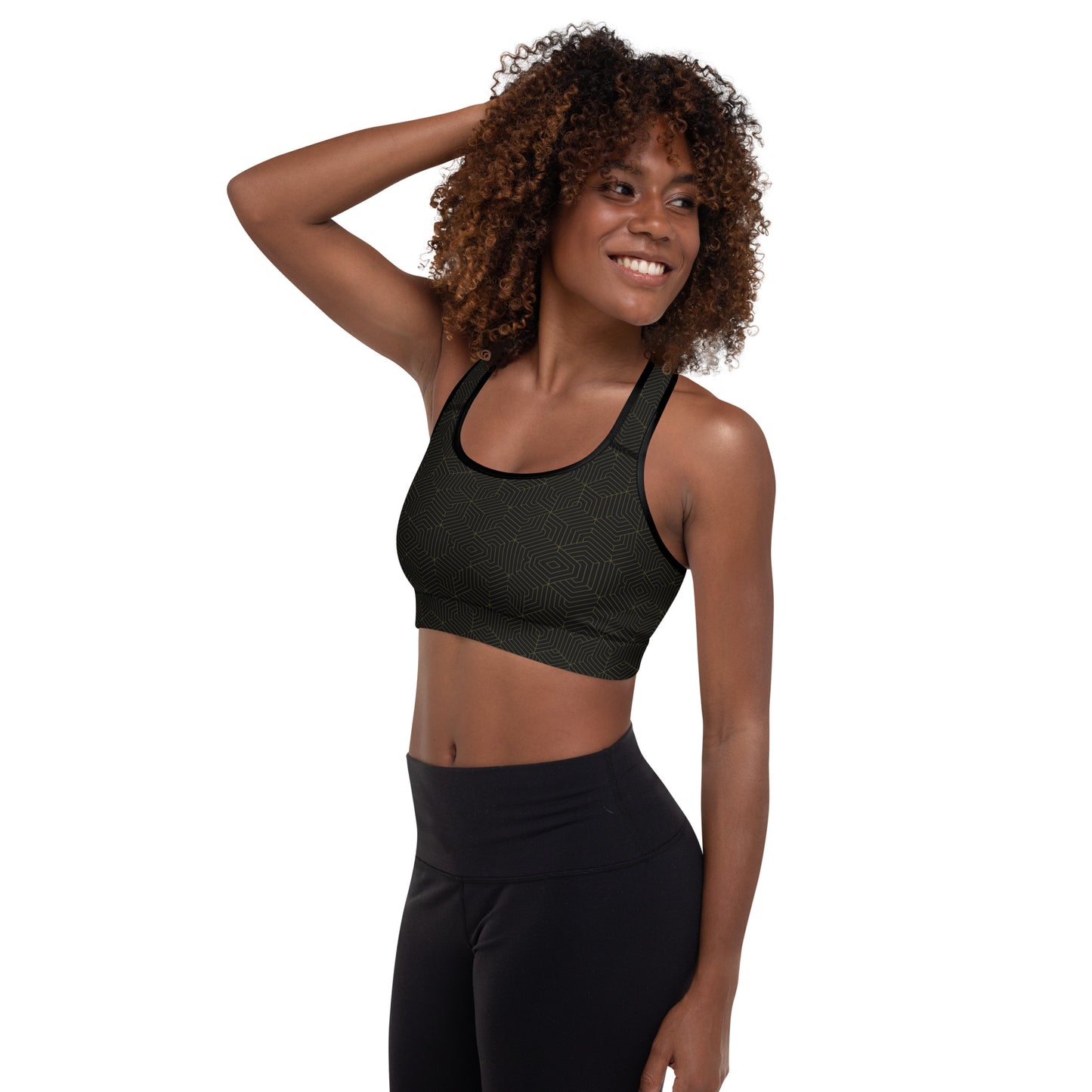 Padded Sports Bra : Hexacubes - Black w/ Dark Gold print