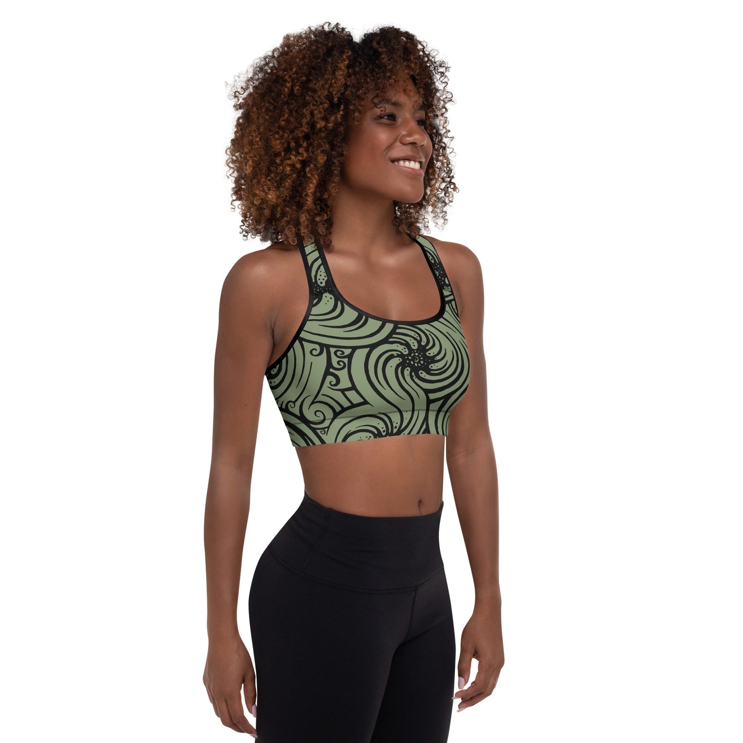 Padded Sports Bra : Cosmic Swirl - Sage w/ Black print
