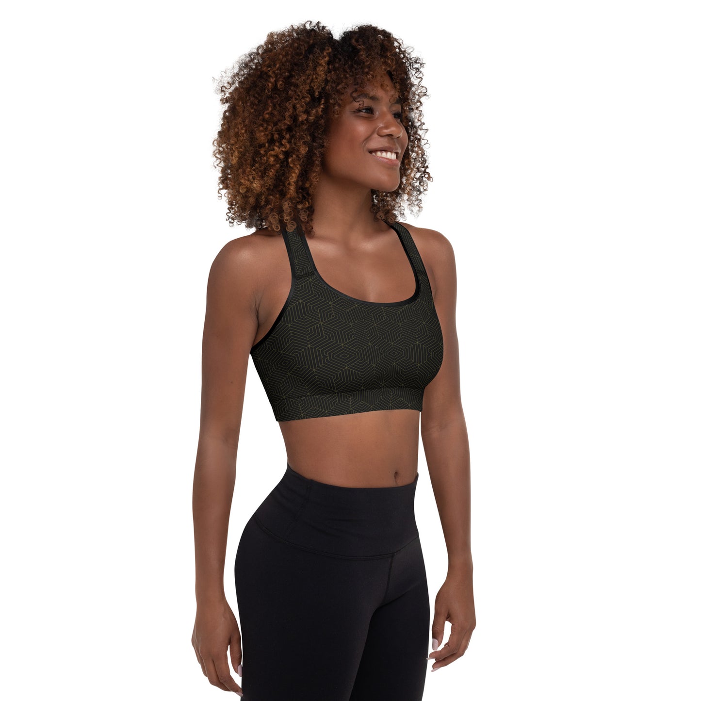 Padded Sports Bra : Hexacubes - Black w/ Dark Gold print