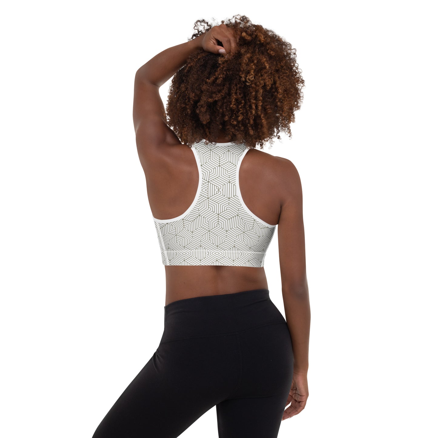 Padded Sports Bra : Hexacubes - White w/ Dark Gold print