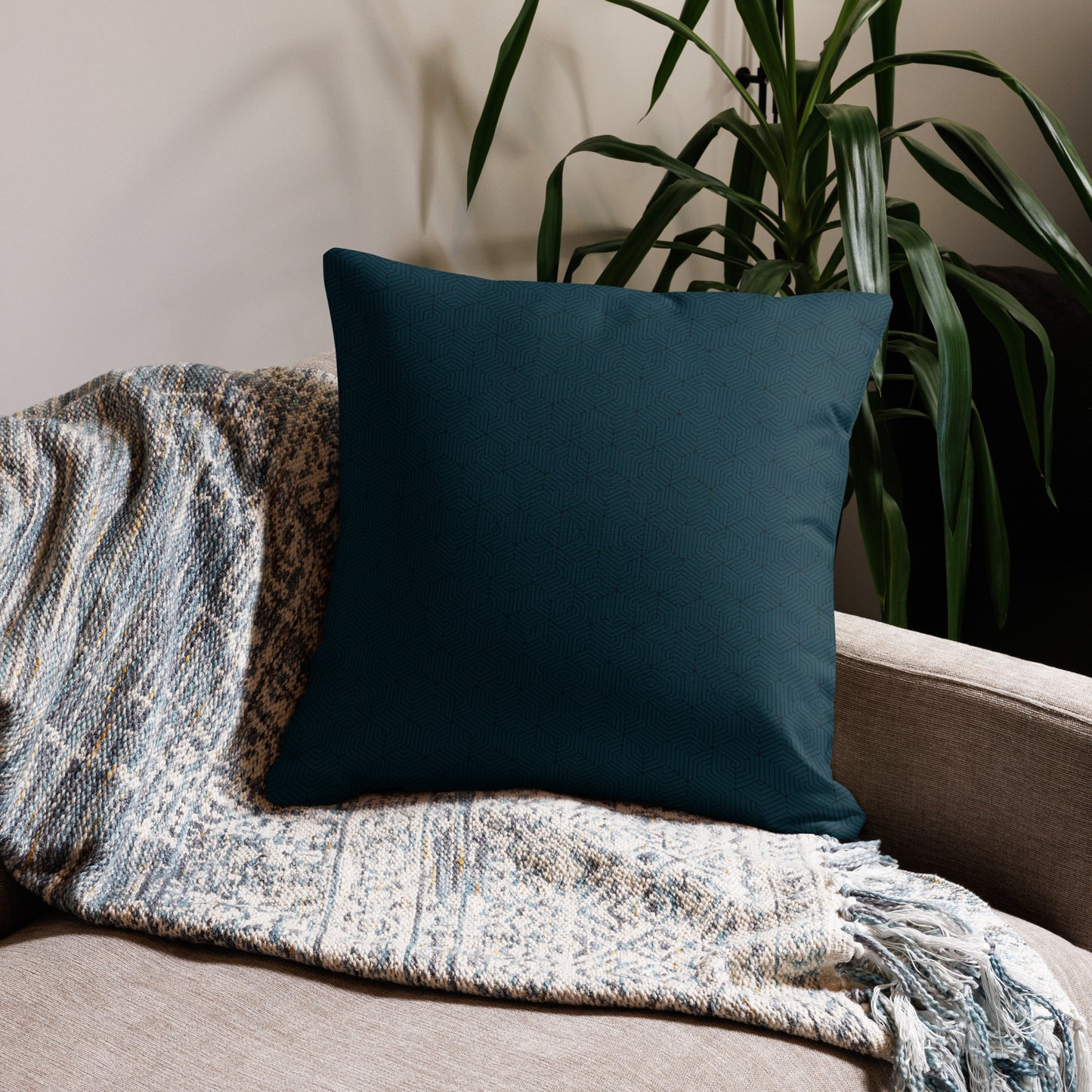 Premium Pillow : Aquaswirl + Hexacubes - Teal w/ Light Blue & Black pattern