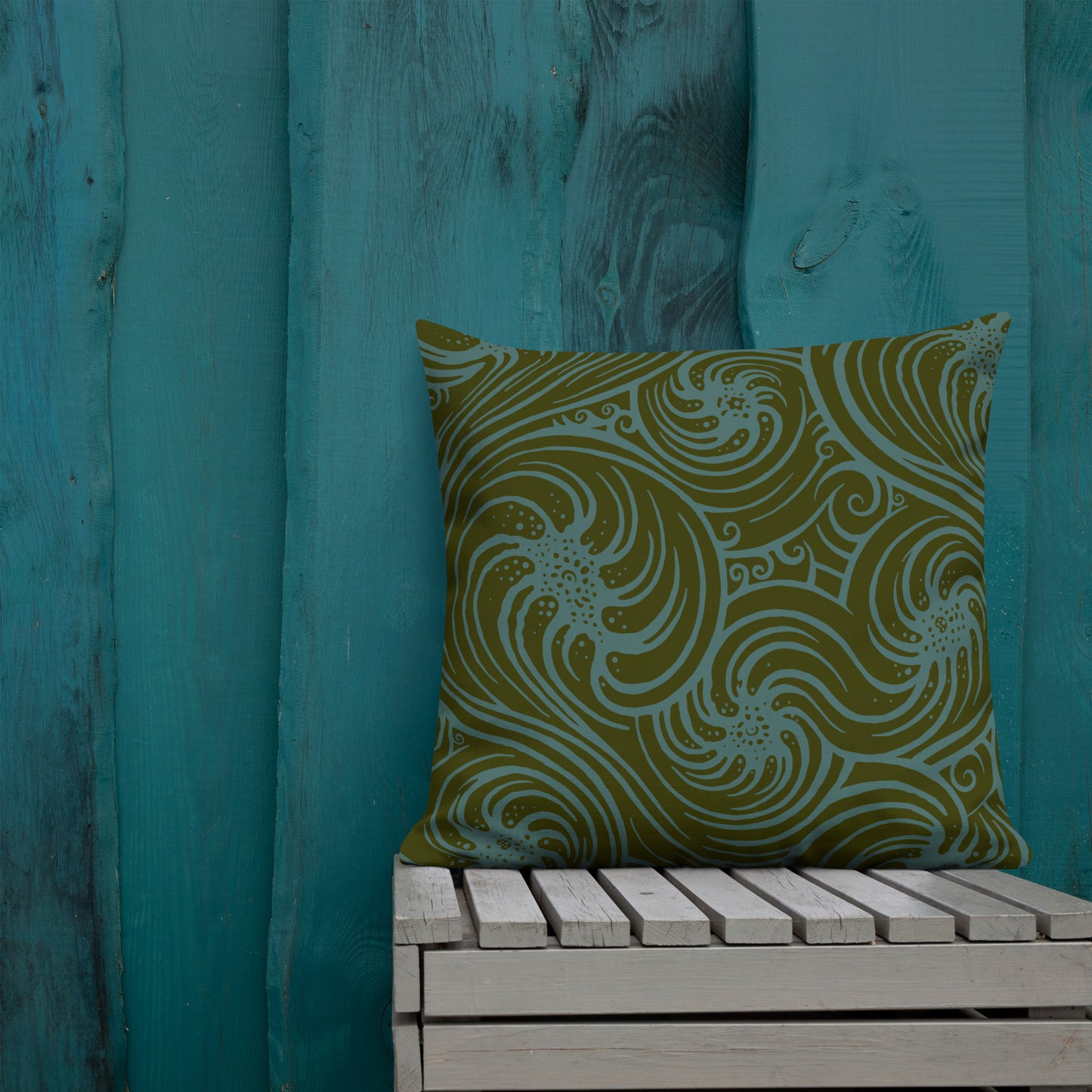 Premium Pillow : Cosmic Swirl - Dark Olive w/ Teal print