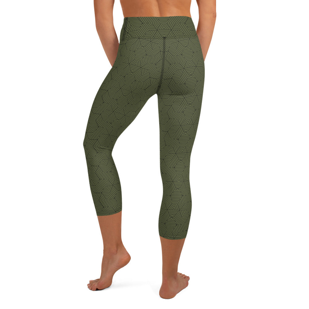 Yoga Capri Leggings : Hexacube - Green w/ Black print