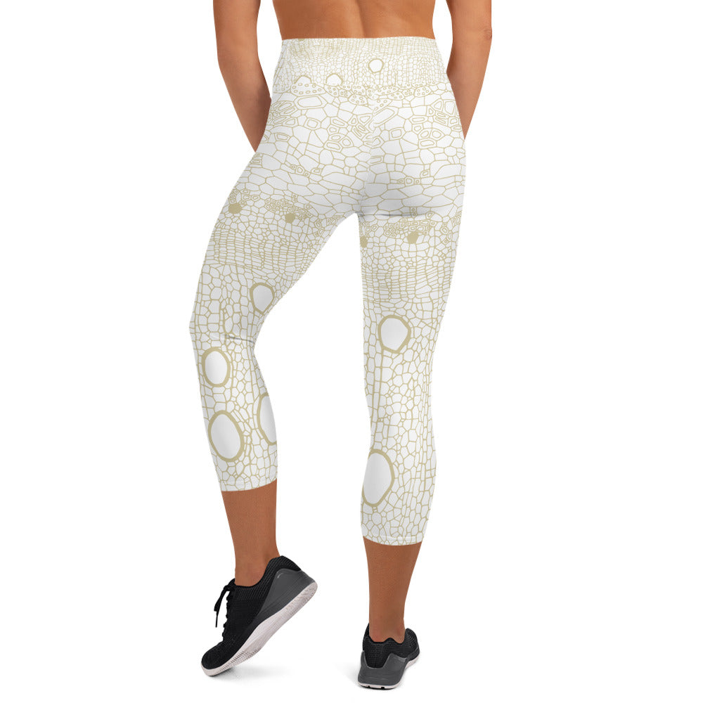 Yoga Capri Leggings : Hemp Cell - White w/ Tan print