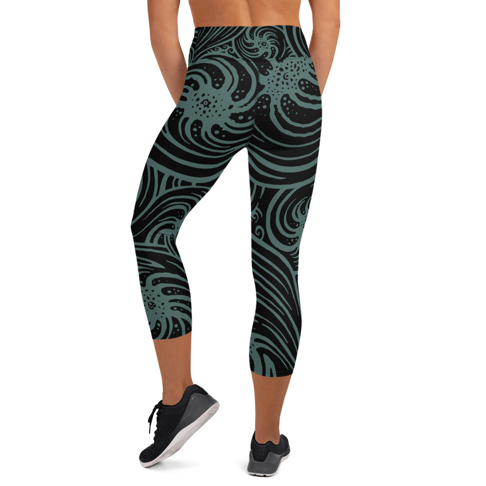 Yoga Capri Leggings : Cosmic Swirl - Black w/ Teal print