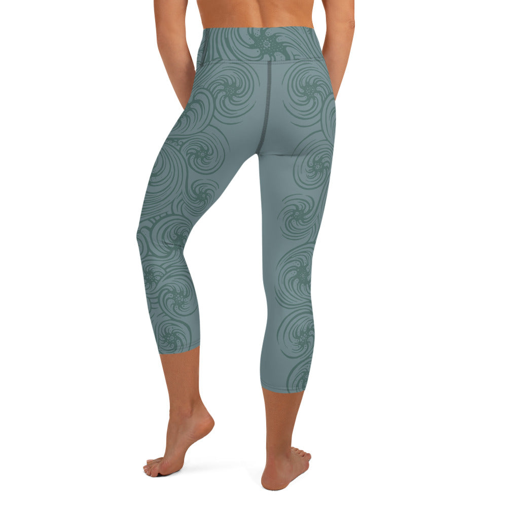 Yoga Capri Leggings : Cosmic Swirl - Silverleaf w/ Teal side strip