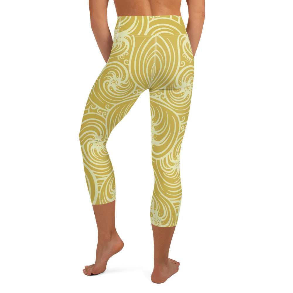 Yoga Capri Leggings : Cosmic Swirl - Yellow w/ Cream print