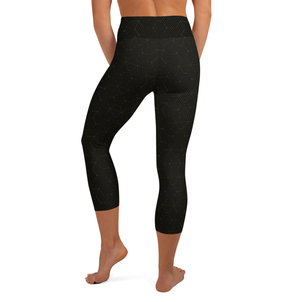 Yoga Capri Leggings : Hexacube - Black with Dark Gold print