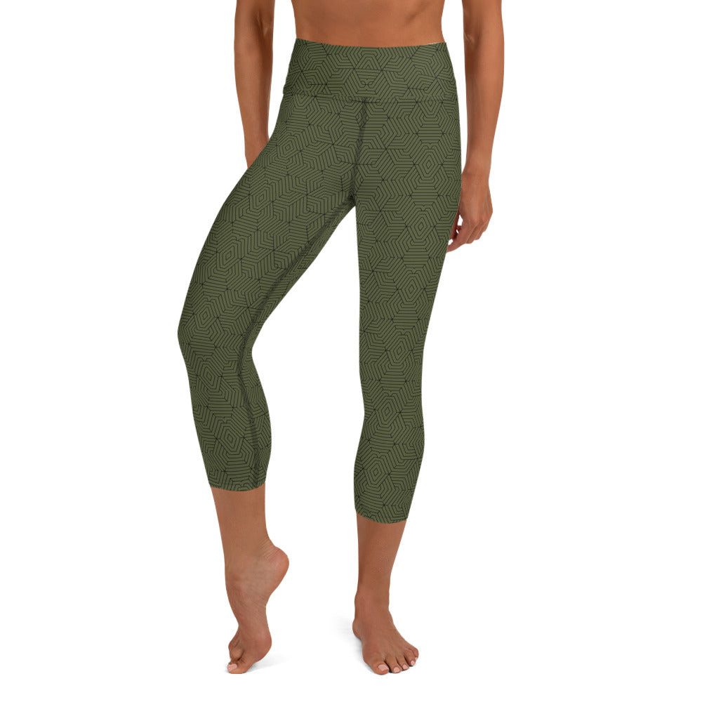 Yoga Capri Leggings : Hexacube - Green w/ Black print