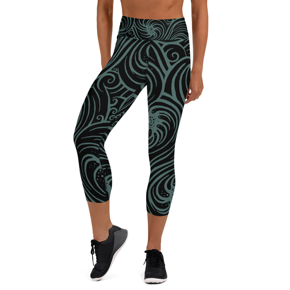 Yoga Capri Leggings : Cosmic Swirl - Black w/ Teal print