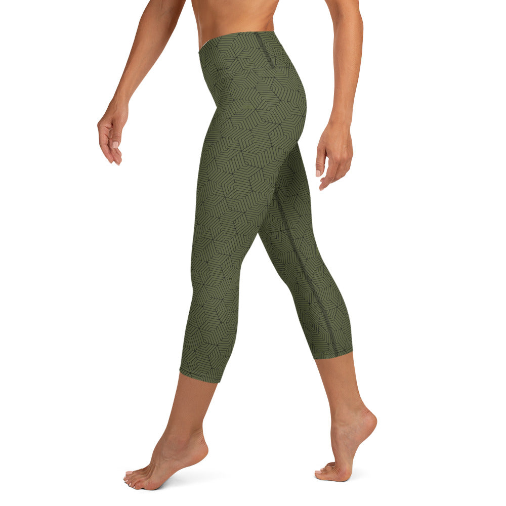 Yoga Capri Leggings : Hexacube - Green w/ Black print
