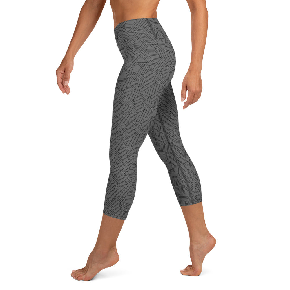 Yoga Capri Leggings : Hexacube - Gray w/ Black print
