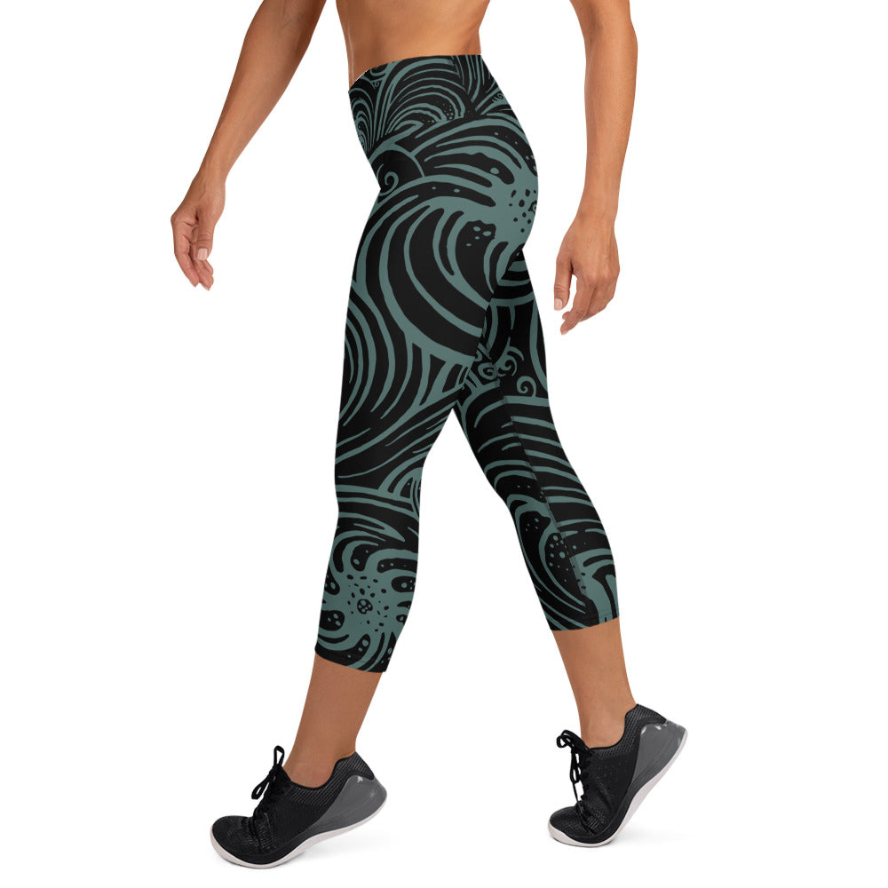Yoga Capri Leggings : Cosmic Swirl - Black w/ Teal print