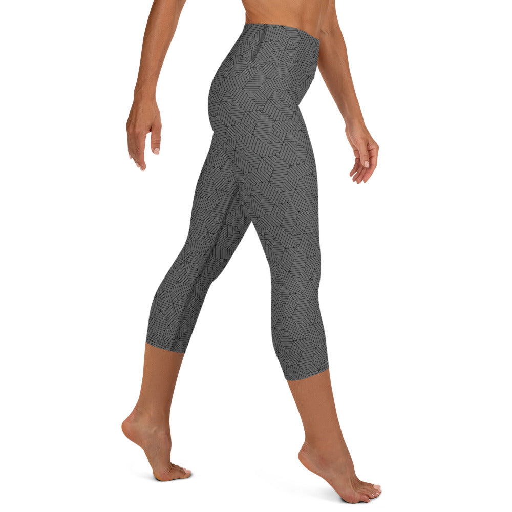 Yoga Capri Leggings : Hexacube - Gray w/ Black print