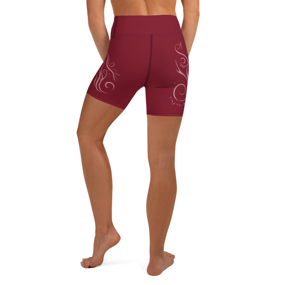 Yoga Shorts : Breathe n Flow - Burgundy w/ Mauve print