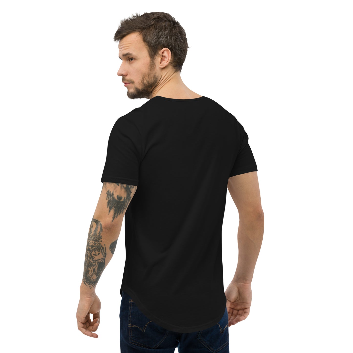 Men's Curved Hem T-Shirt : Starflower - Black w/ Olive print