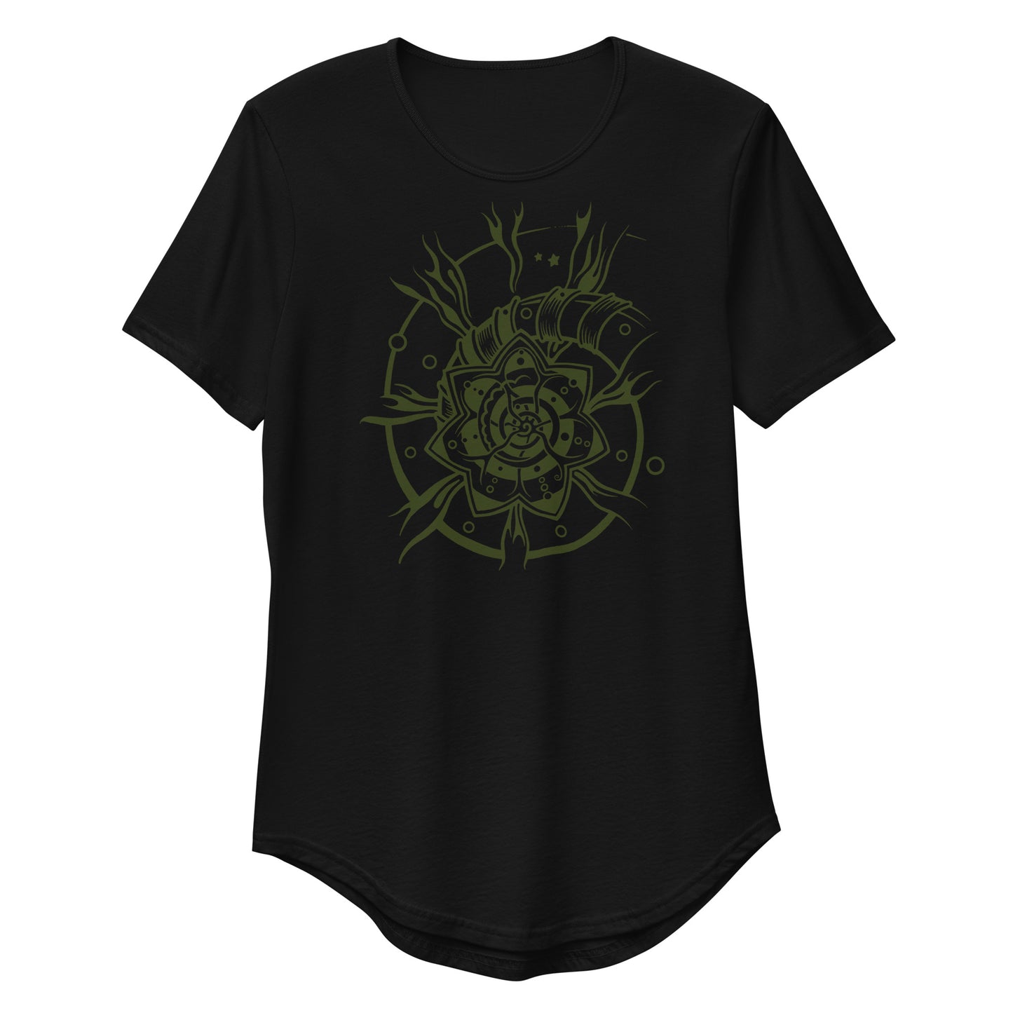Men's Curved Hem T-Shirt : Starflower - Black w/ Olive print