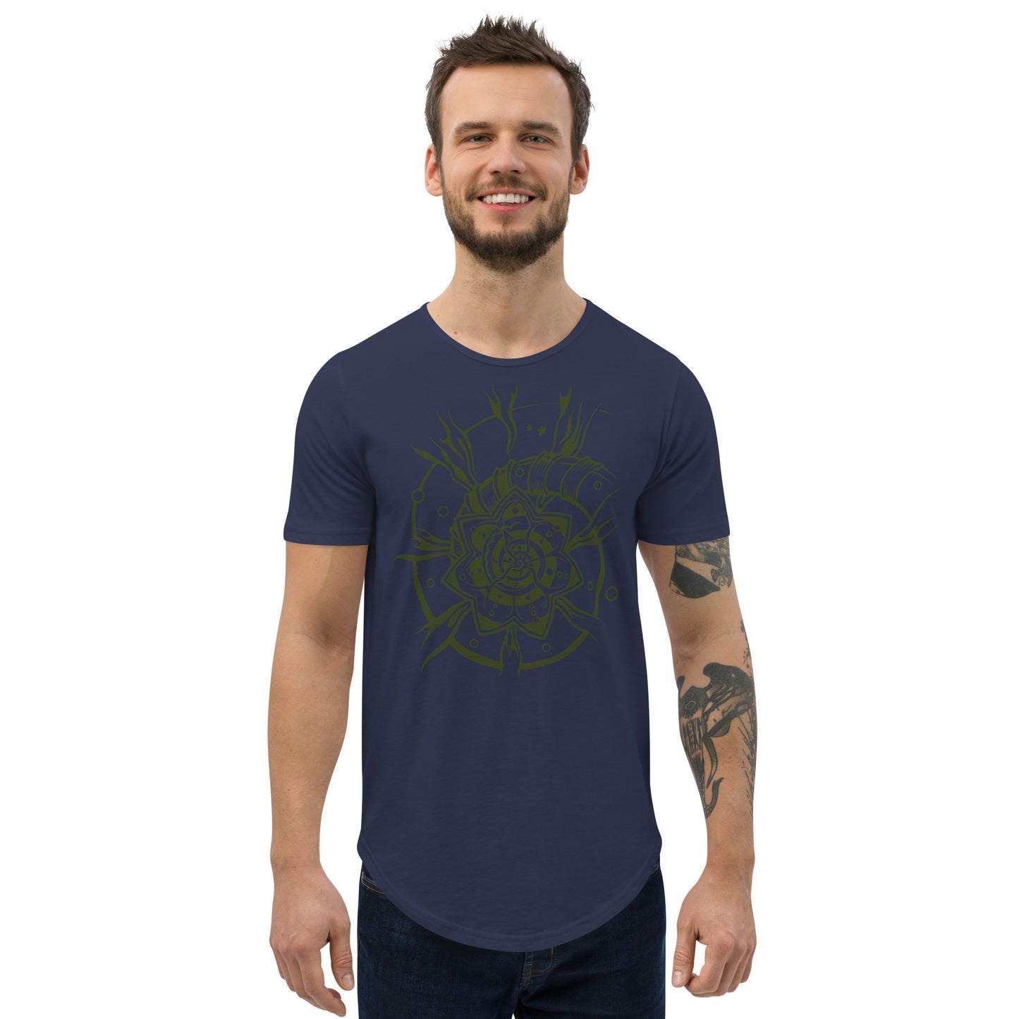 Men's Curved Hem T-Shirt : Starflower - Black w/ Olive print